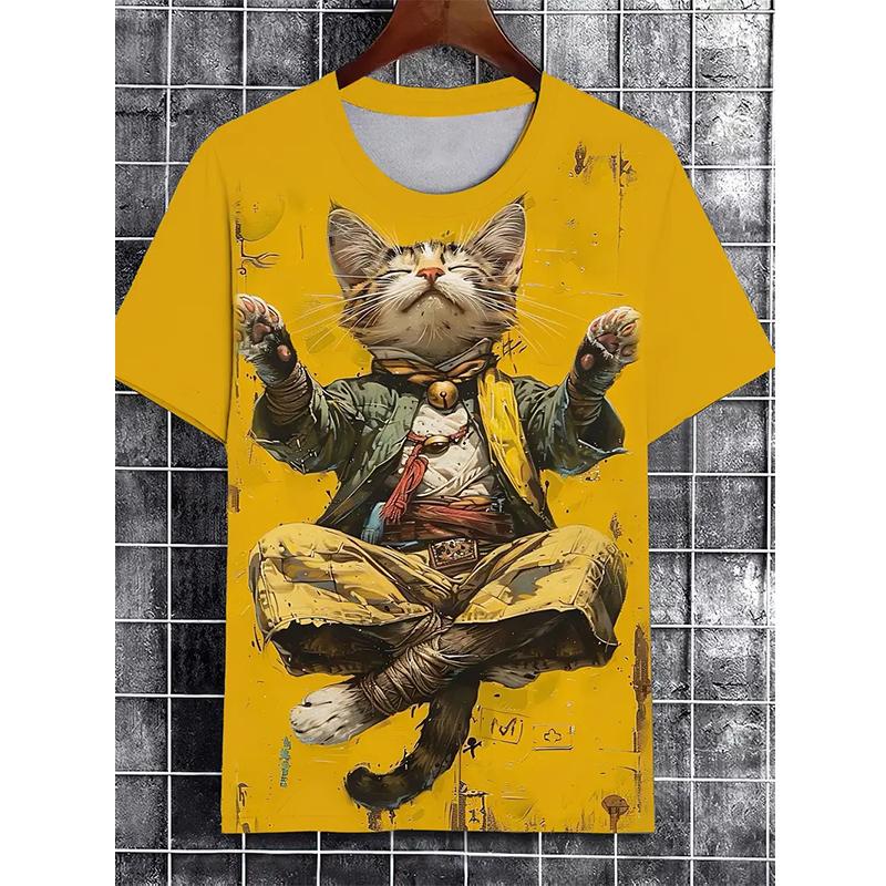 Funny Cat Pattern T-Shirt For Men Personality Animal 3D Printed Vintage Japanese Style T Shirts Summer Short Sleeved Casual Tees