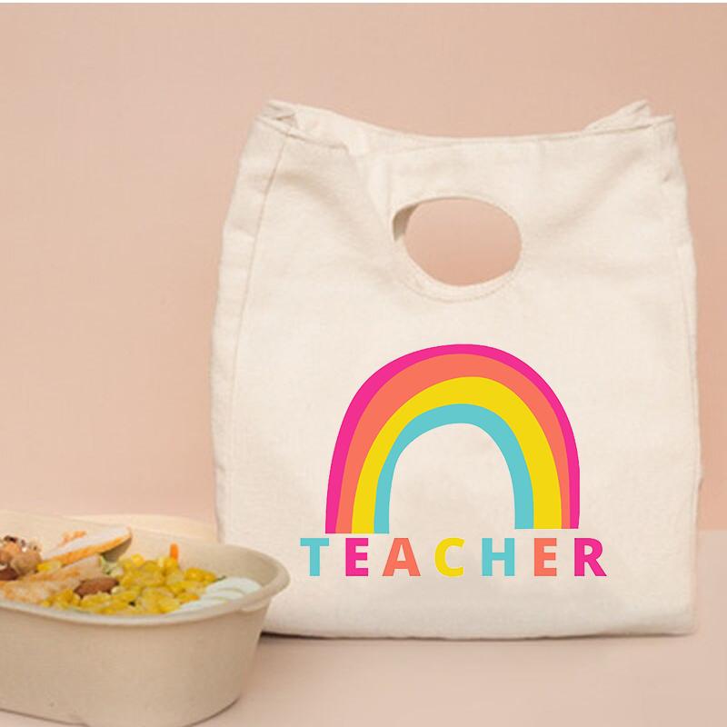 Rainbow Teacher Print Portable Lunch Box Bags Thermal Insulated Bento Tote Office School Food Cooler Storage Pouch Teacher Gifts