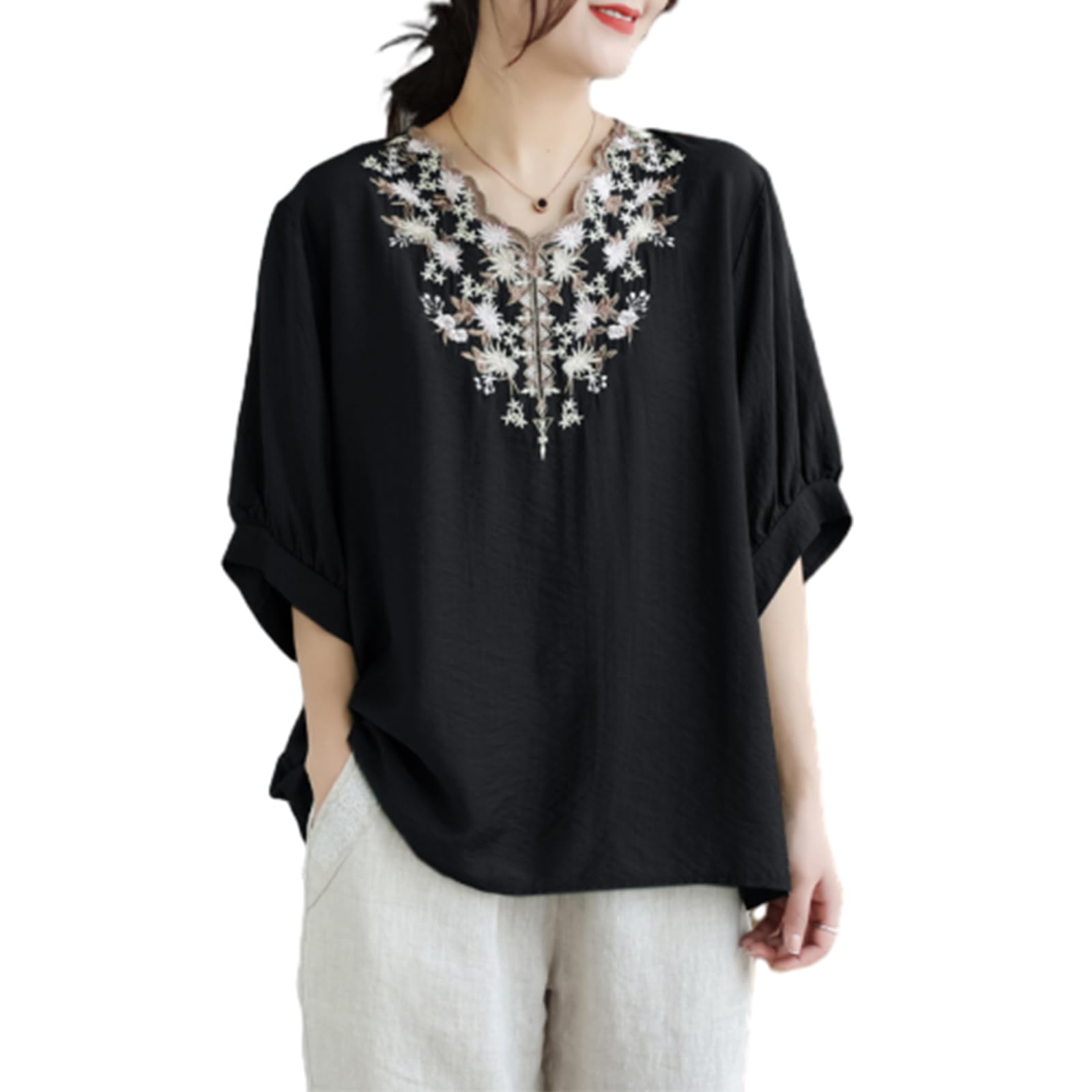 

Short Sleeve Blouse with Floral Loose Formal Fashion for [POGCZMKK] Women s T-Shirt V-Neck Embroidery, Slimming, Fit, Figure-Flattering, Stylish, чёрный