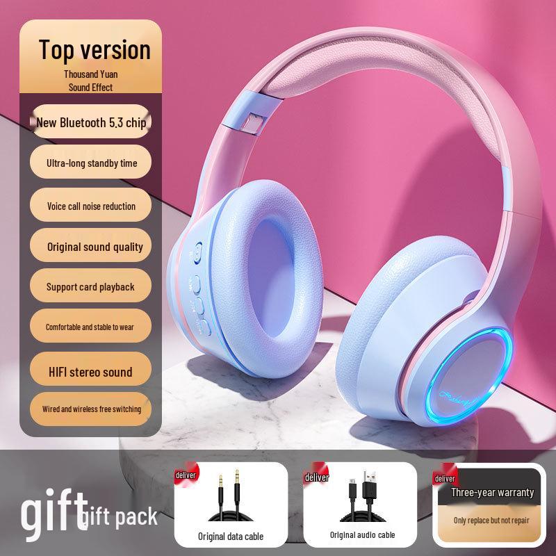 Gradient Color Head-Mounted Bluetooth Headphones with Lights - In Stock Bestseller