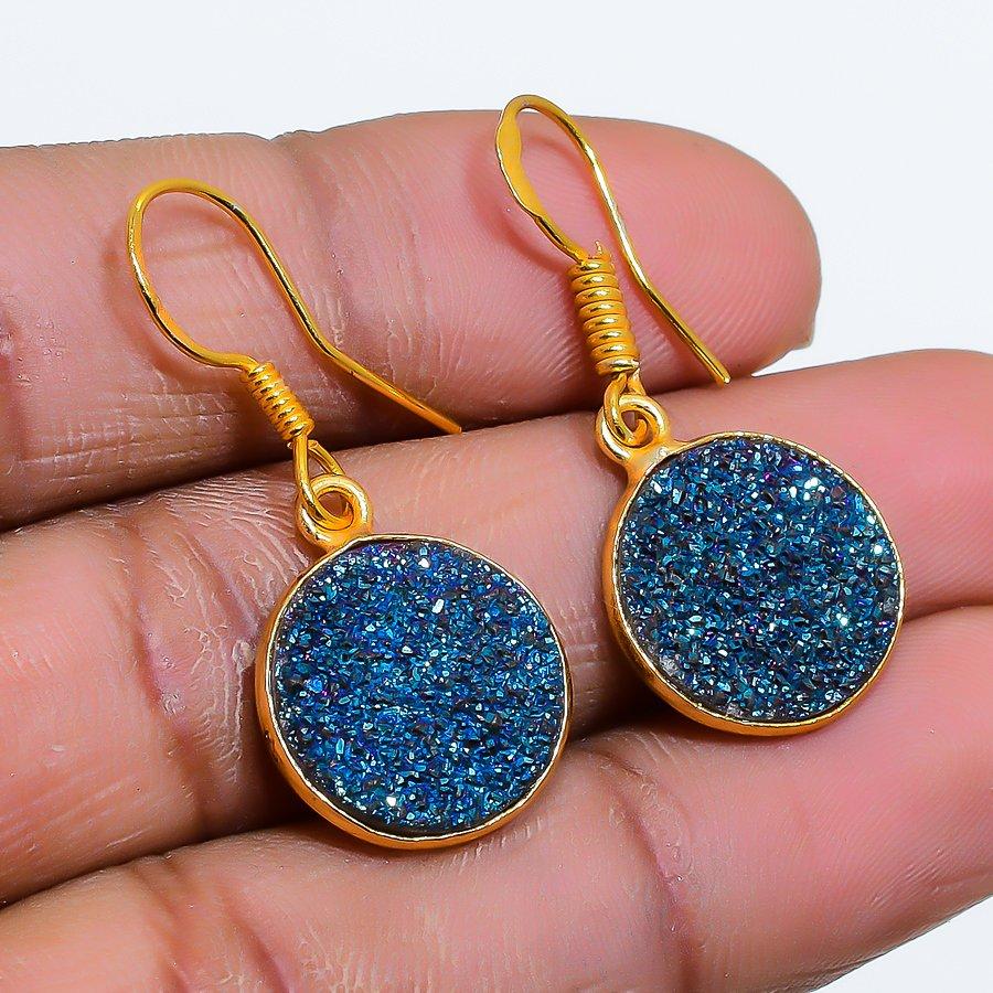 Peacock Titanium Druzy Gemstone 925 Sterling Silver Jewelry Earring 1.34" GK-4899