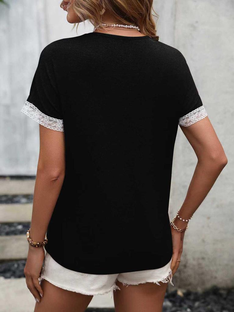 Spring/Summer 2026 Women's Round Neck Lace Patchwork Short Sleeve T-shirt