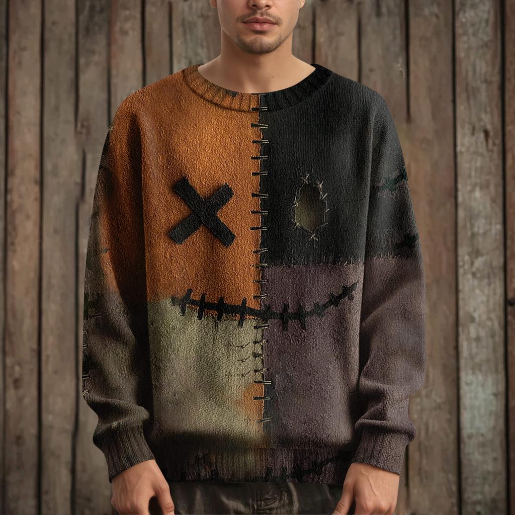 Men's Long Sleeve Pullover Sweater Casual Halloween Print Knit Oversized Sweater
