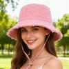 Unisex Large Brim Fringed Fisherman Hat Solid Color Foldable Drawstring Sun Protection Hat Outdoor Leisure Sun Basin Hat