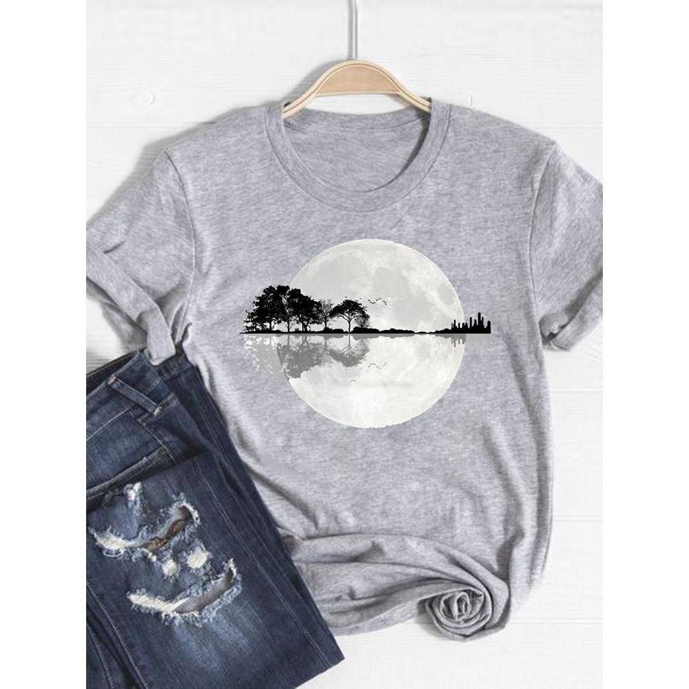 Print T Shirt Short Sleeve Flower Vintage Cute 90s Summer Top Fashion Clothes Women Clothing Gray Basic Tee Graphic T-shirt