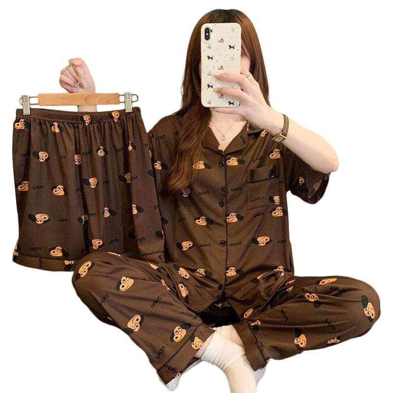 Coffee Puppy Style Premium Pajamas Women'S Summer Homewear Casual Comfort Short Sleeve Three-Piece Set