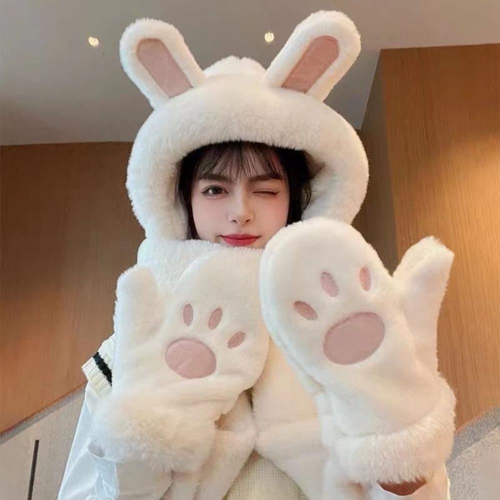 

Rabbit Ear Shape Integrated Cap Scarf Gloves Soft Plush Neck Warmer Ear Protection Cap for Women бежевий