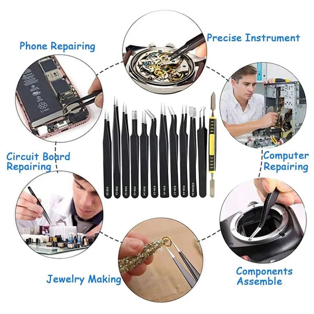 10 STÜCKE Edelstahl Präzisions Antistatisch Elektrostatisch Pinzetten Set Wartungswerkzeuge Professionelle Elektronikpinzetten