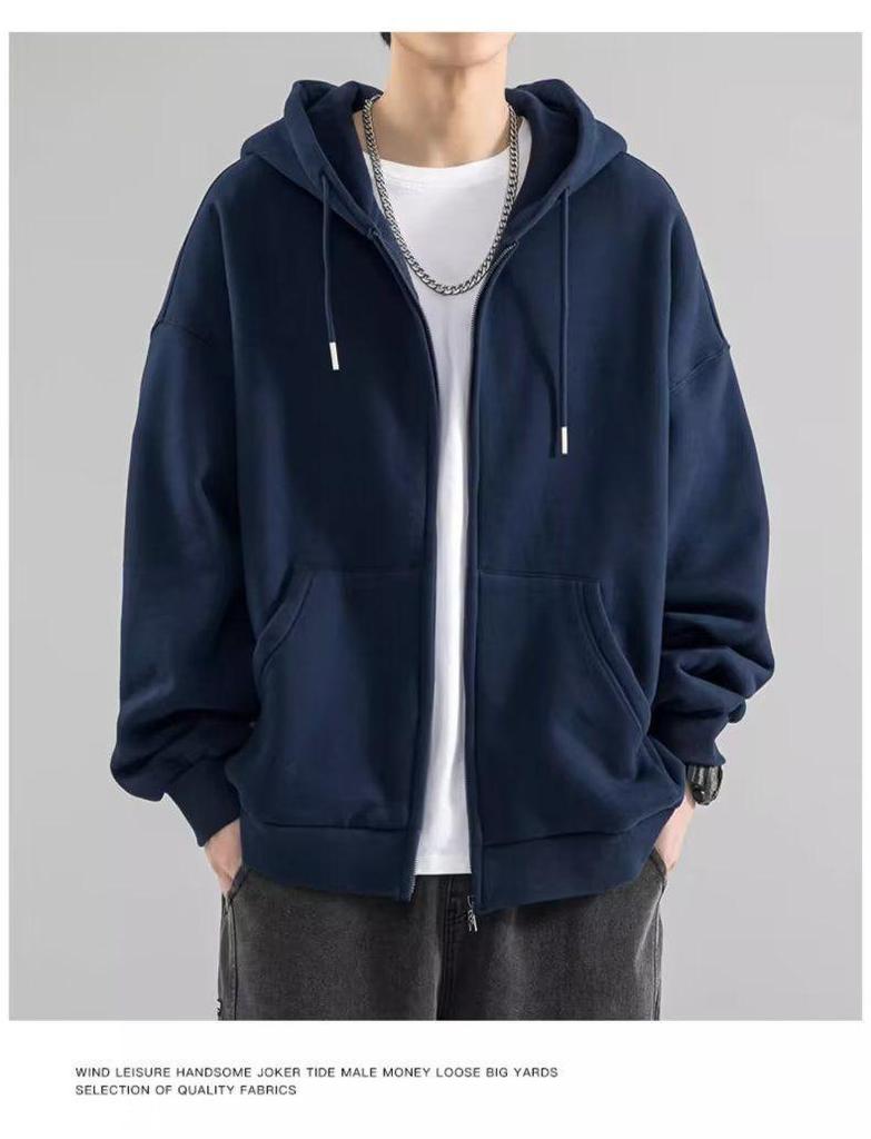 Men's Solid Color Fleece-Lined Zip-Up Hoodie, Spring & Autumn, Loose Fit, Versatile Hong Kong Style
