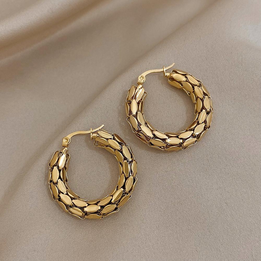 FLASHBUY Stainless Steel Gold Color Geometric Metal Mesh Earrings for Women Girls New Trend Hoop Ear Jewelry Gift