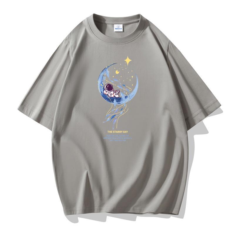 Moon Astronaut Pattern Men's Short Sleeves Cotton T-shirt Large Size Loose Tee