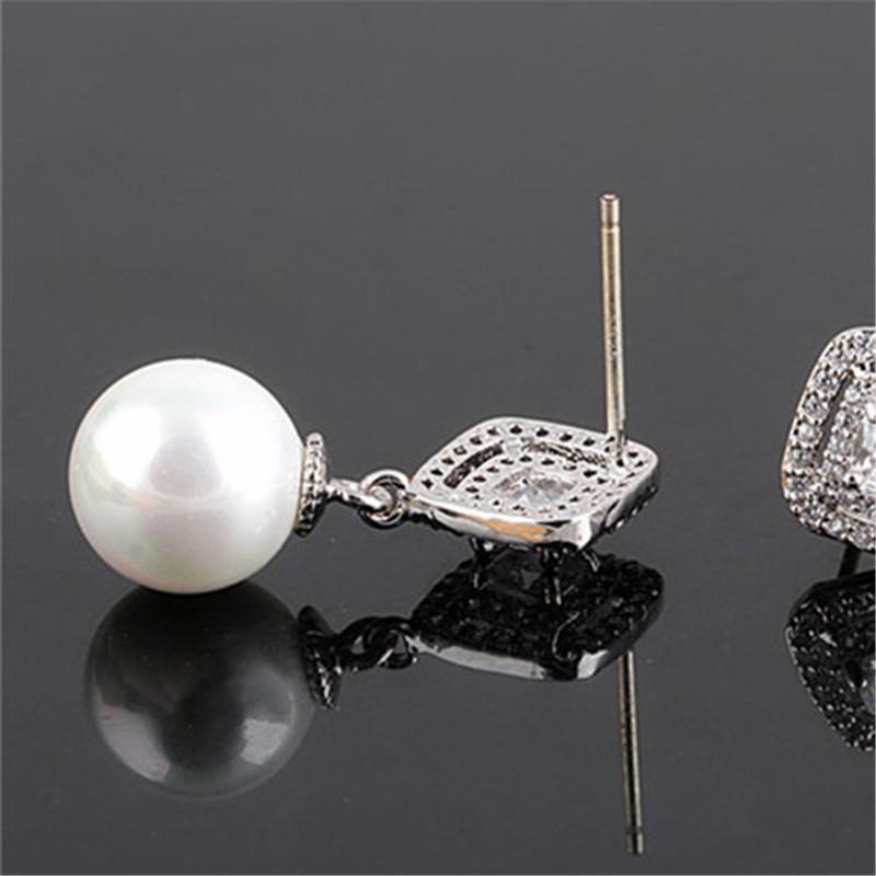 Rongqing Micro Inlay Square Zinc Drop Earrings 925 Sterling Stud Simulated Peals Earrings For Women Wedding Jewelry Gifts