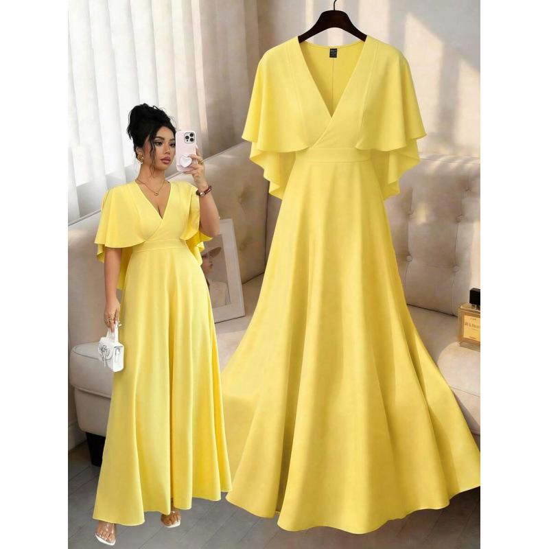 European 2026 summer new fashion casual elegant temperament solid color v-neck long dress S