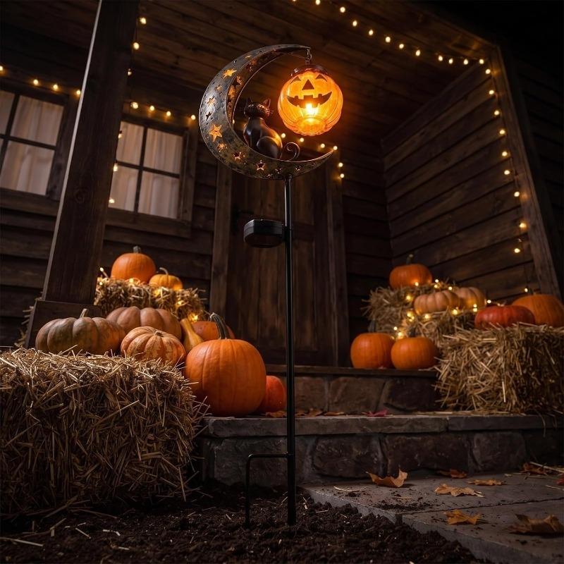Iron Black Cat Moon Ground Lamp Waterproof Solar Garden Light Auto On/Off for Outdoor Lawns Courtyards Yards Patio Pathway Halloween Decor