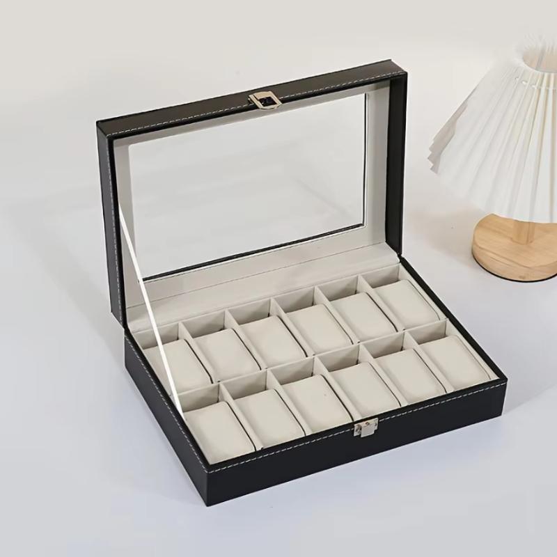 Luxury Black Faux Leather Watch Box with Glass Top, Velvet Lined, Lockable Flip Top, Rectangular Display Case for 12 Watches