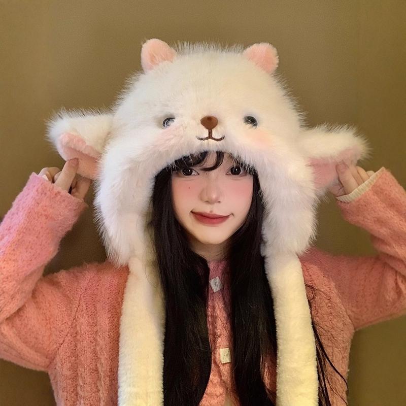 1Pieces Women's Winter Cute Thick Warm Ear Protection Hat With Moving Ears Cartoon Plush Hat Mountaineering Scarf