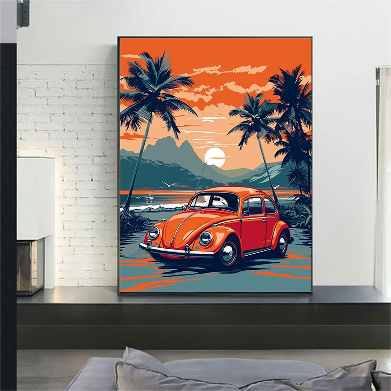 5d DIY Diamond Painting Cross Stitch Car Coconut Tree Scenery Diamond Embroidery Mosaic Full Round Drill Home Decor