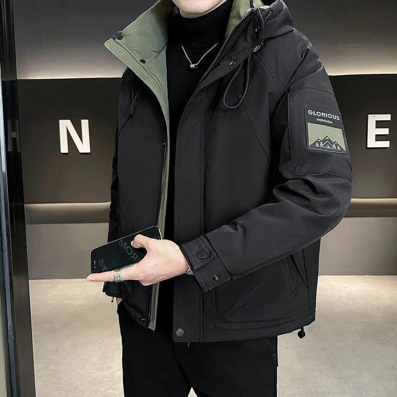 Men s Trendy 2025 Windproof Hooded Down Workwear Jacket 2XL (65-75 kg)