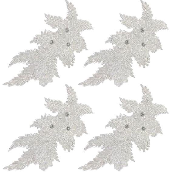 4er-Pack 3D-Blumen-Pailletten-Applikation mit Strass-Glitzer-Perlen-Stickerei, Stoff-Spitzenbesatz für Hochzeit, Brautkleid, Kleid, Tasche, Kissen
