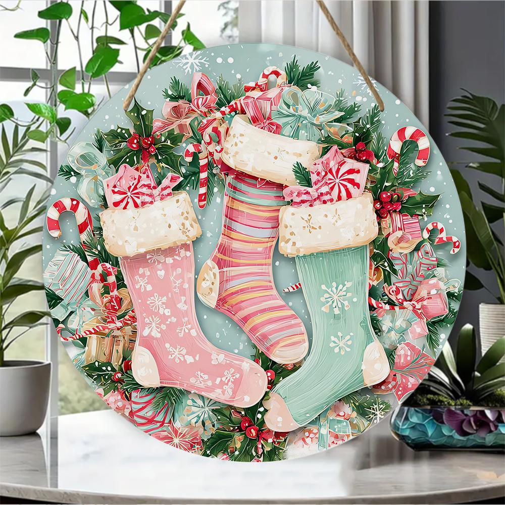 Vintage Christmas stocking print decorative Round Wooden Hanging Plaque festive natural wood wall sign holiday home decor front door ornament