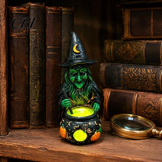 Indoor Outdoor Halloween Ornaments Witch Cauldron Lamp Figurine, Resin Scary Witches Lighted-Up Lighted Statue Cauldron, Festival Supplies Shelf