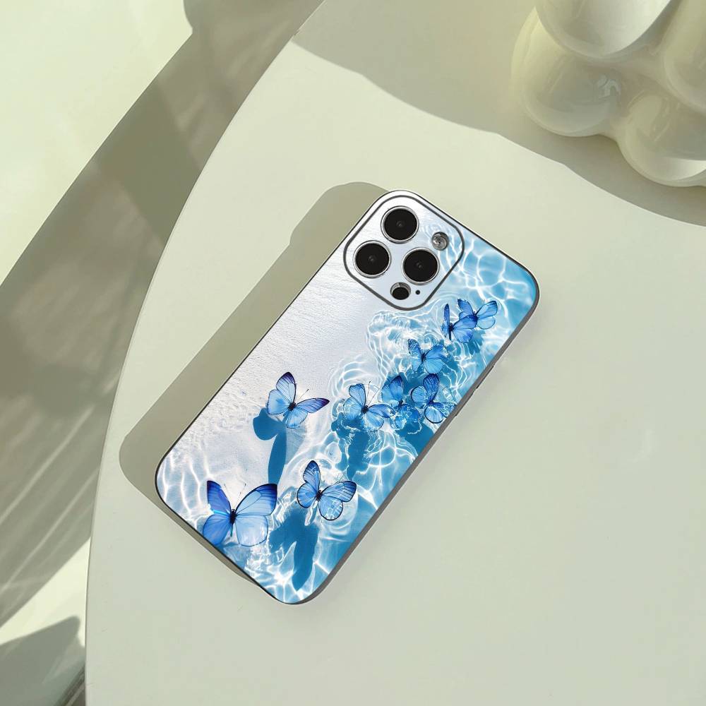 Blue Butterfly Ocean wave  Phone Case For iPhone 17,16,15,14,13,12,11 Pro Max,16/15/14Plus,XS Soft Black Cover