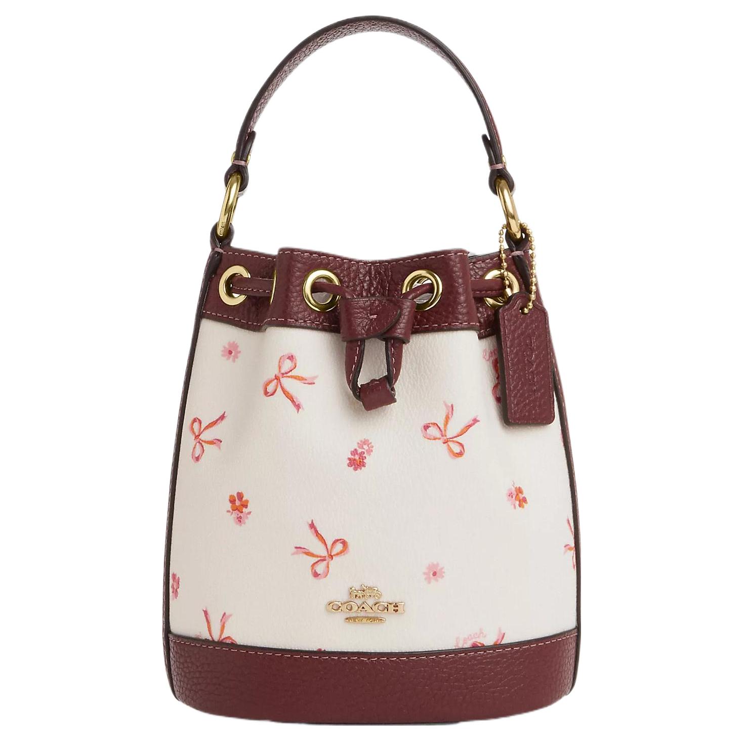 Coach Women's White/Red Dempsey 15 Letter Logo Drawstring Closure Bow Print Coated Canvas Pebble Leather Bucket Bag Handbags Cn707-Imwda