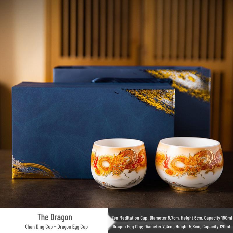 Zodiac Dragon Year Jade Tea Tasting Cup Set - Mutton Fat Ceramic Gift Box