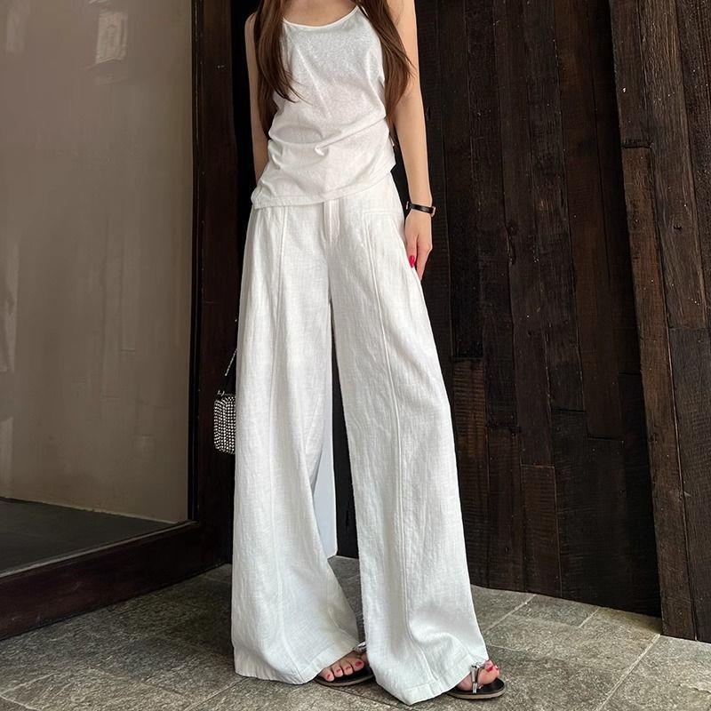 Women s High-Waisted Cotton Linen Wide-Leg Pants - Old Money Style XL (115-125 lbs)