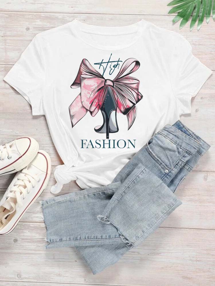 Maycaur New High Heel Wine Glasses Graphic Print T Shirt Women Funny Tshirts Casual White Short Sleeves Tops Tees Feamle Clothes