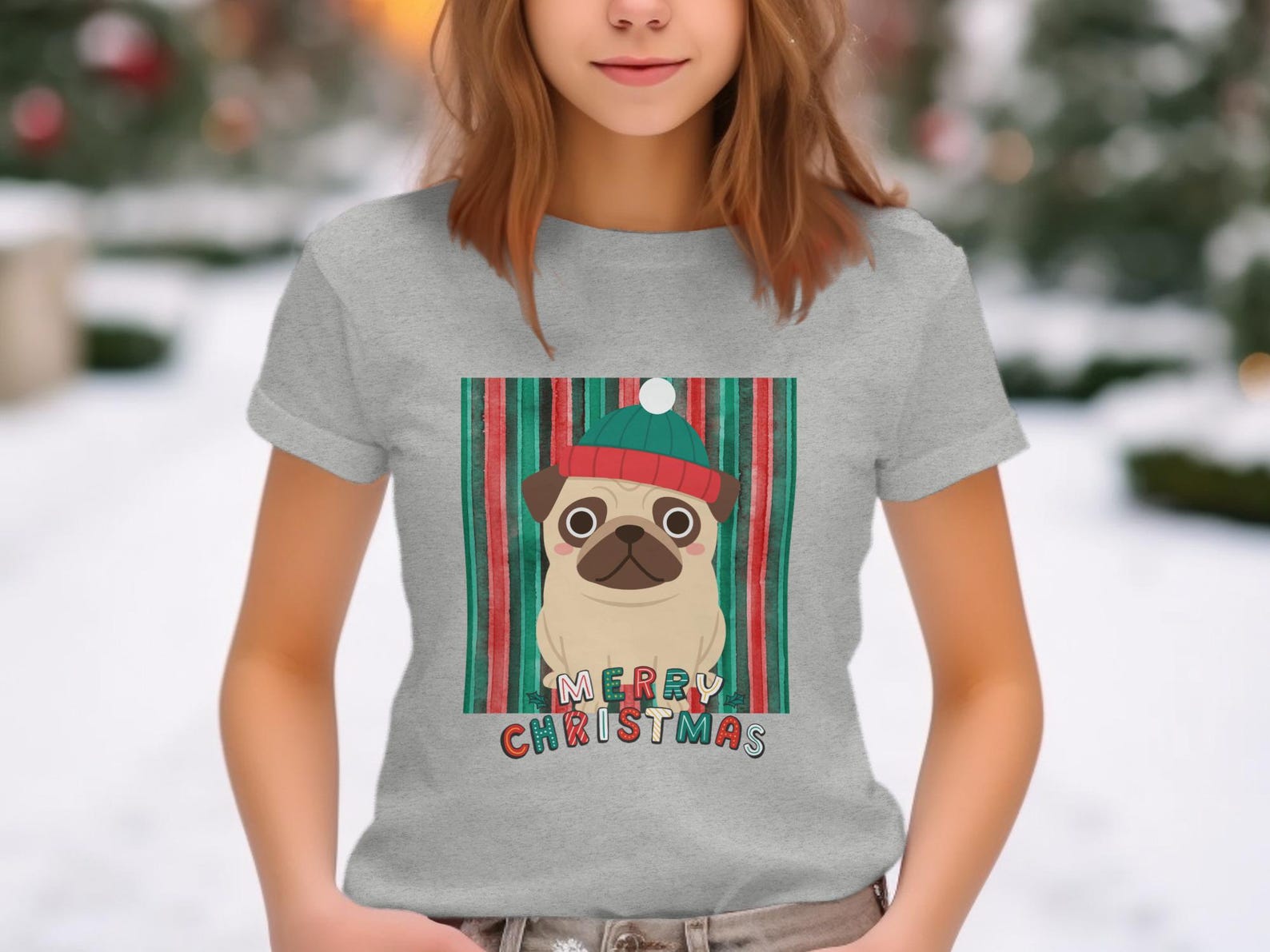 Christmas Pug T-Shirt, Watercolor Dog Holiday Tee, Kids Puppy Shirt 2XL