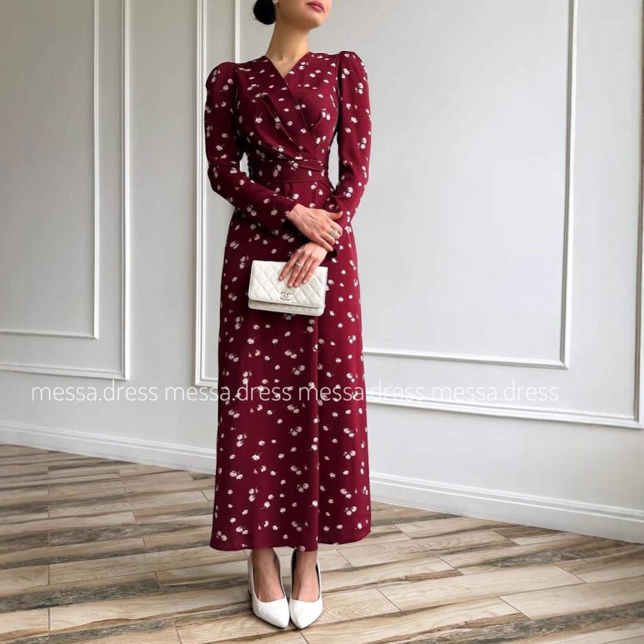 

2025 Autumn European & American Elegant Floral Slim Waist-Cinching Long Dress Extra Extra Extra Large глибокий/червоний