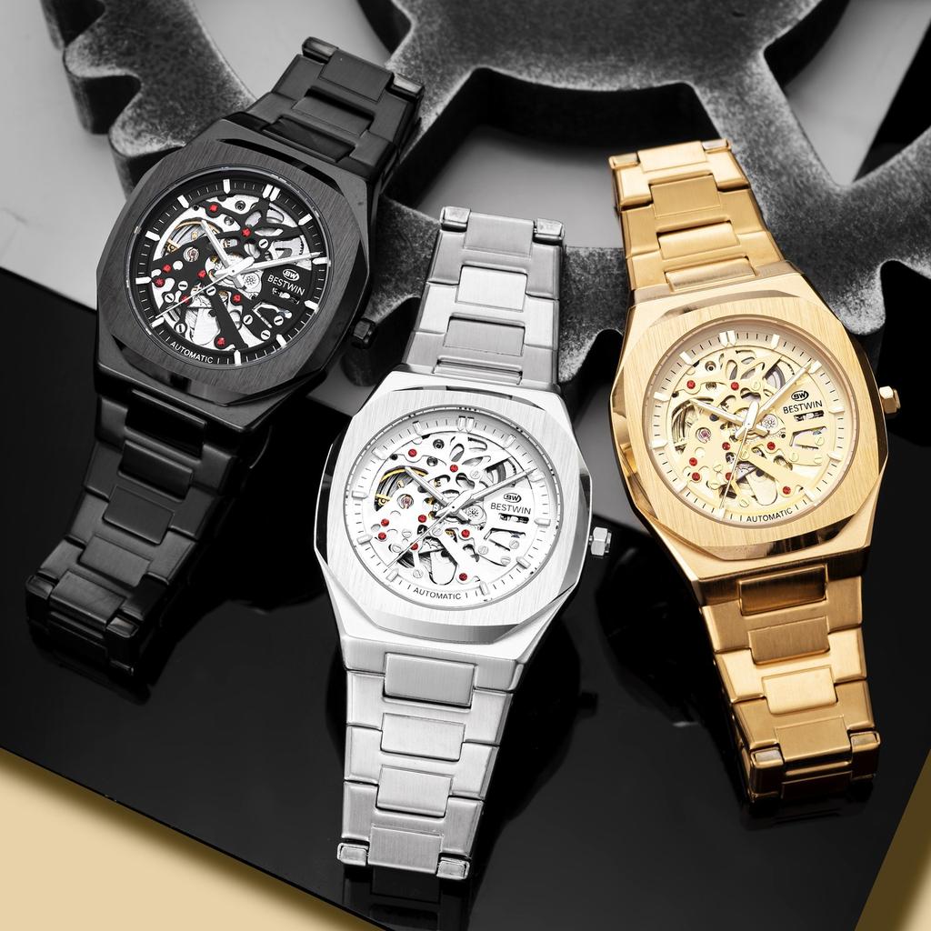 Automatic Mechanical Watches for Men Skeleton Hollow Dial Luminous Wrist Watch Steel Strap Square Case Watch Waterproof