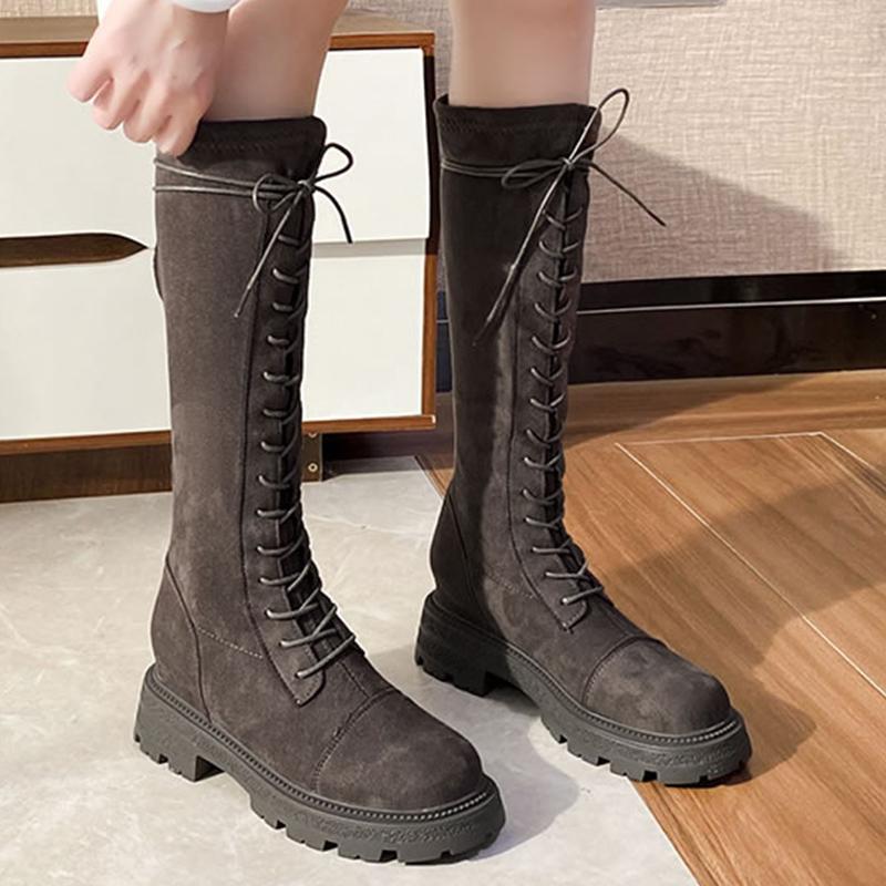 Winter Women Chunky High Boots Suede Mid Heels Fashion Shoes Lace Up Motorcycle Boots 2025 Trend Winter Knee High Botas De Mujer