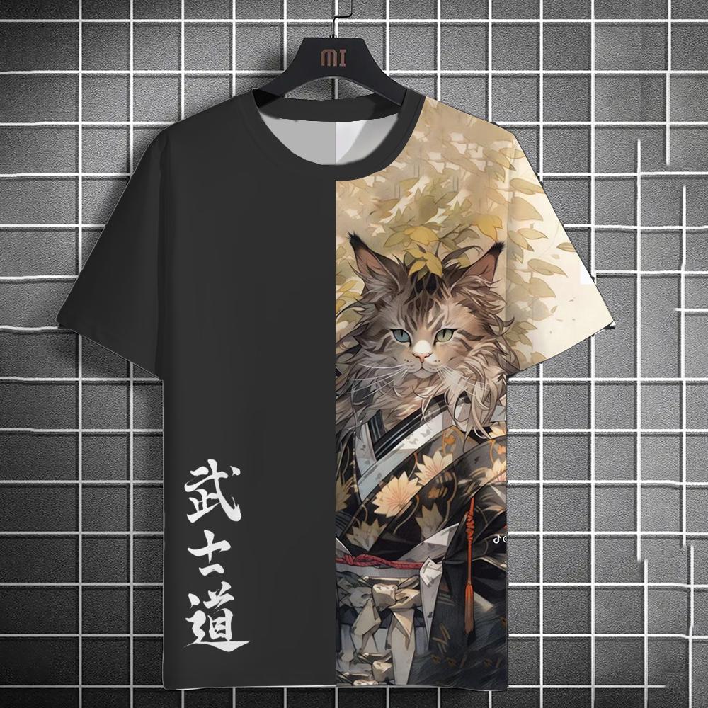 Bushido Animal Cat Samurai Print Men's T-shirt Summer Short Sleeve T-shirt Men's Retro Men's Tops Casual Men's Loose T-shirt
