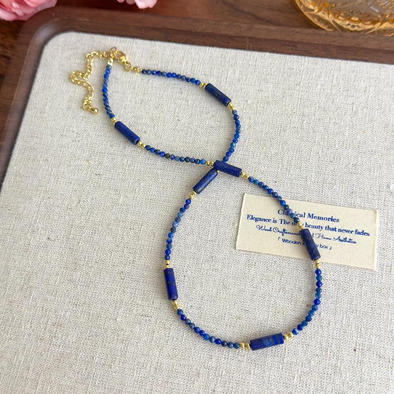 New Chinese National Style Blue Lapis Lazuli Crystal Beaded Necklace Women Trendy Versatile Stackable Clavicle Chain Jewelry