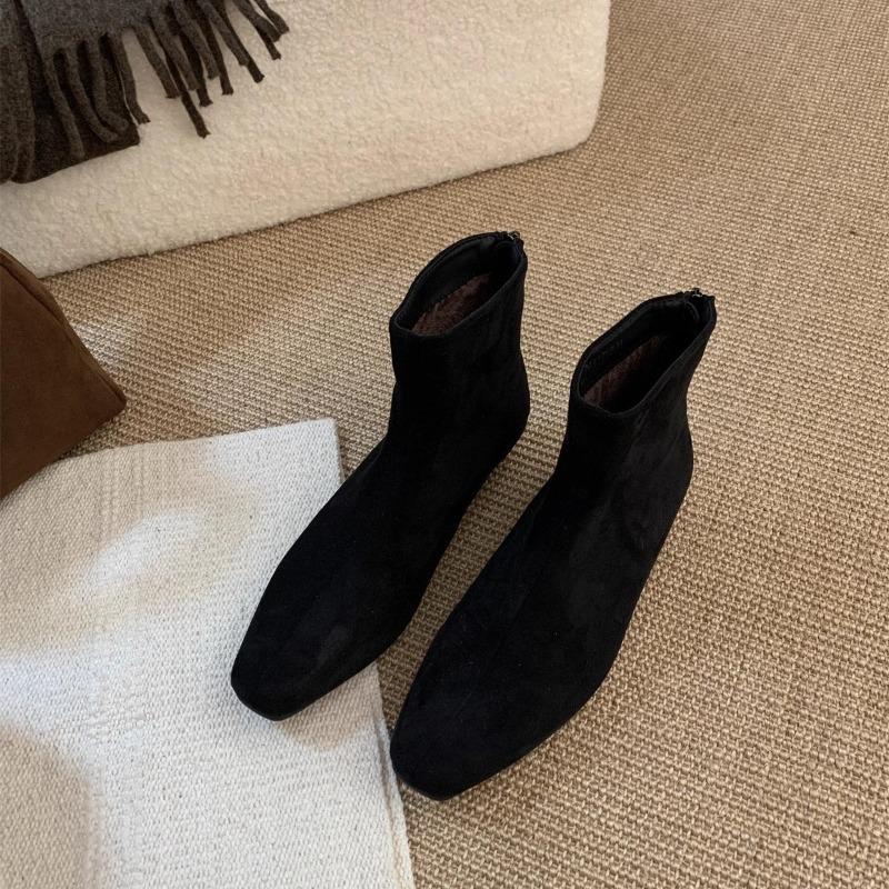Coarse Heel Suede Square Head Short Boots Women's Autumn and Winter New Warm Velvet Women's Boots Thin Boots Fashion Boots