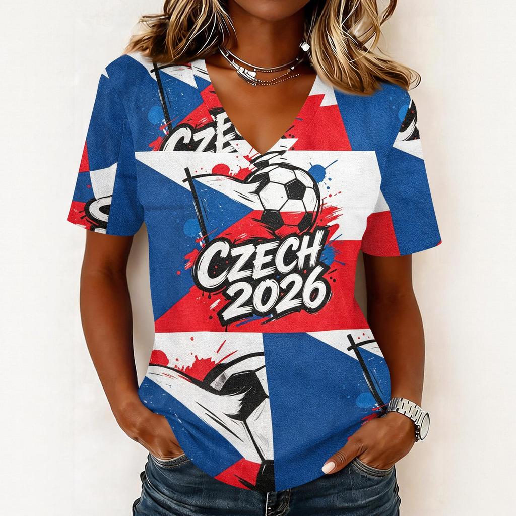 Women V Neck Pullover Short Sleeve Casual Top Soccer Graphic Print Relaxed Fit Lightweight Tee for Summer