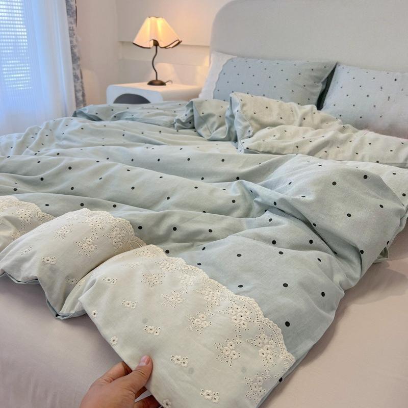 French Style Lace Bedding Set 3/4PCS - Wash Cotton Duvet Cover & Pillowcases Soft Breathable Active Printing for Home Bedding