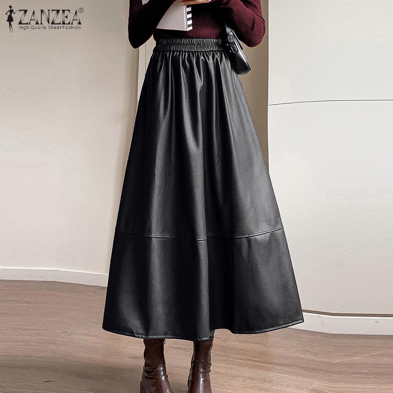 ZANZEA Women Casual Faux PU Leather A-line Long Skirts