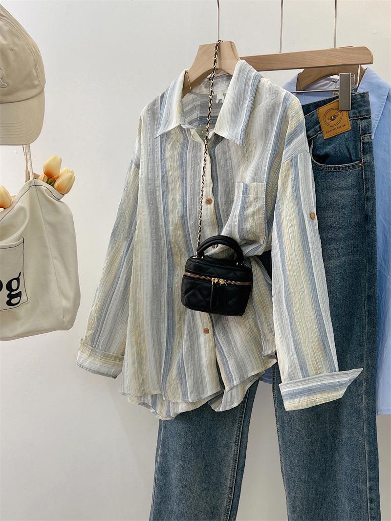 

Женская ретро-рубашка с длинным рукавом и эффектом омбре в вертикальную полоску, приталенная, солнцезащитная, для осени Small