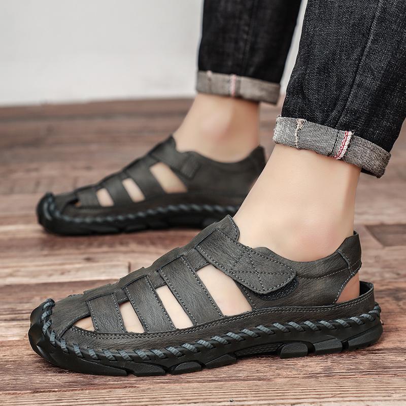Fashion Outdoor Breathable Soft Soled Water Wading Beach Shoes Summer Fashion Men Plus Size Leather Hand Sewn Comfortable Casual Sandals