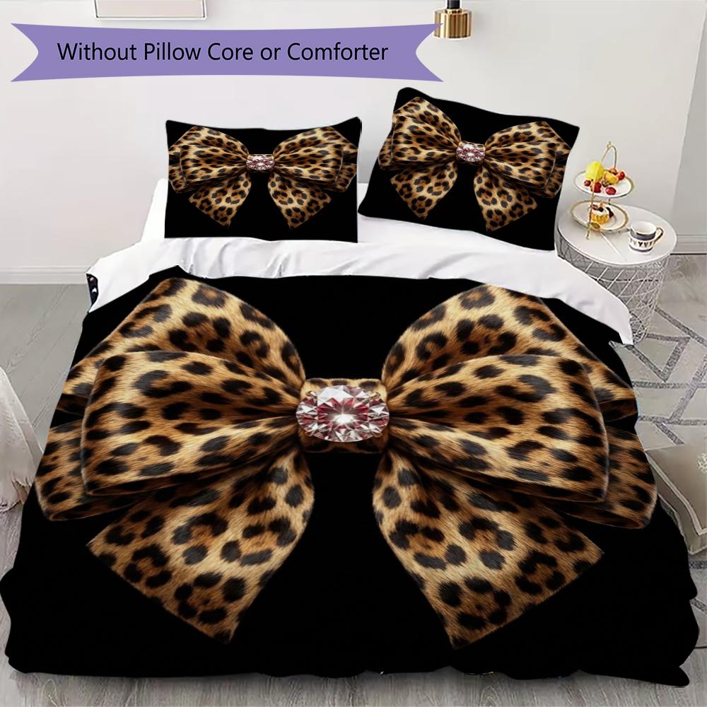 Leopard Print Bow Pattern Bedding uilt Set uilt Cover Pillowcase Home Decoration Birthday Gift (1 * duvet cover + 2 * pillowcase without core)16