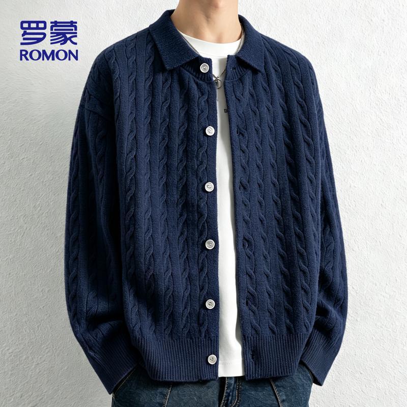 ROMON Men's Old Money Style Lapel Knitted Cardigan