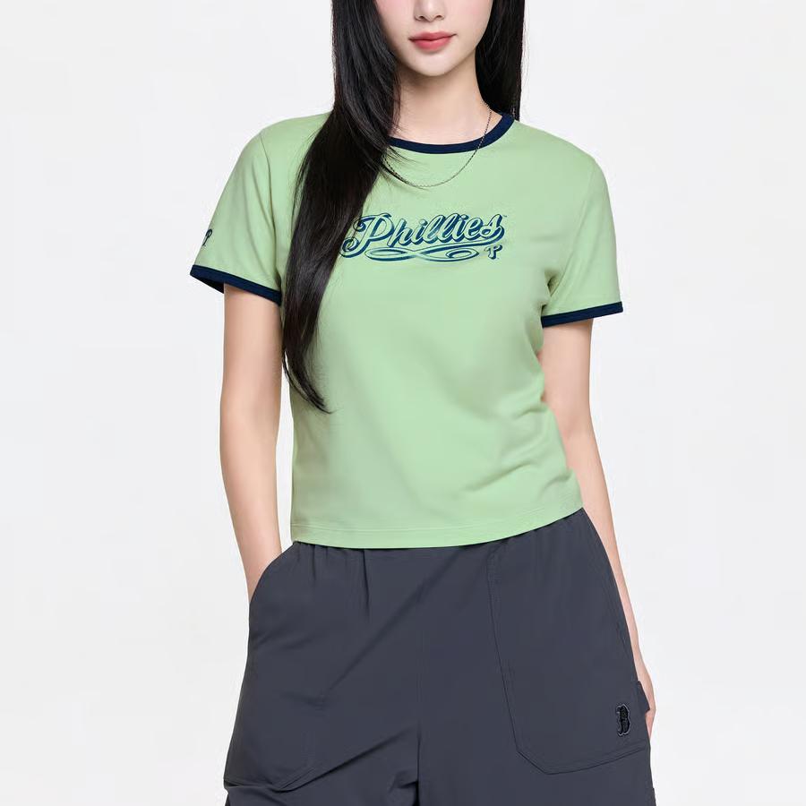 MLB Philadelphia Phillies Letter Slim Fit Color Block Short Sleeve T-Shirt Women Tops 3FTSV5063-10GNP