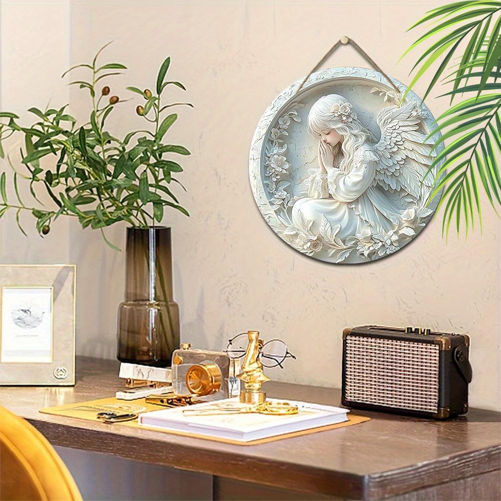 אמנות קיר מעץ מלאך דו-ממדי שטוח עם כנפיים לבנות, קישוט תלוי זר תפילה של מלאך לבית/כנסייה, קישוט מלאך אלגנטי לדלת, לחלון או לחדר