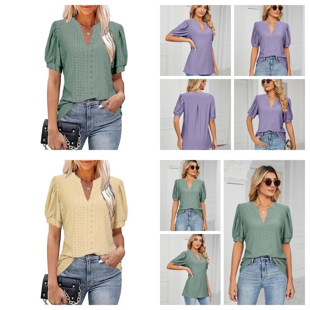 Women's V-neck Tops Short Sleeve T-shirts With Cut Out Lace Detail