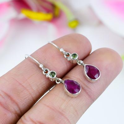 Red Ruby(Simulated),Peridot Handmade 925 Sterling Silver Gift Earring 1.5" U1y27