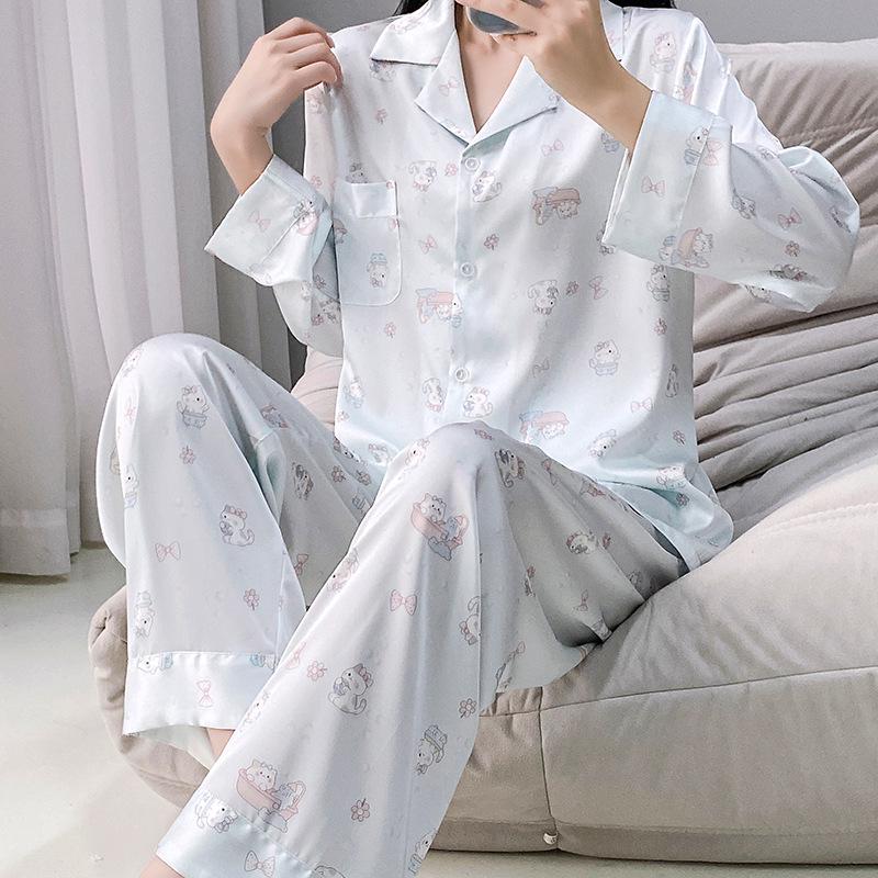 Women's Autumn/Winter Ice Silk Cartoon Pajamas, Korean-Style Sweetheart Set - Long Sleeve & Pants
