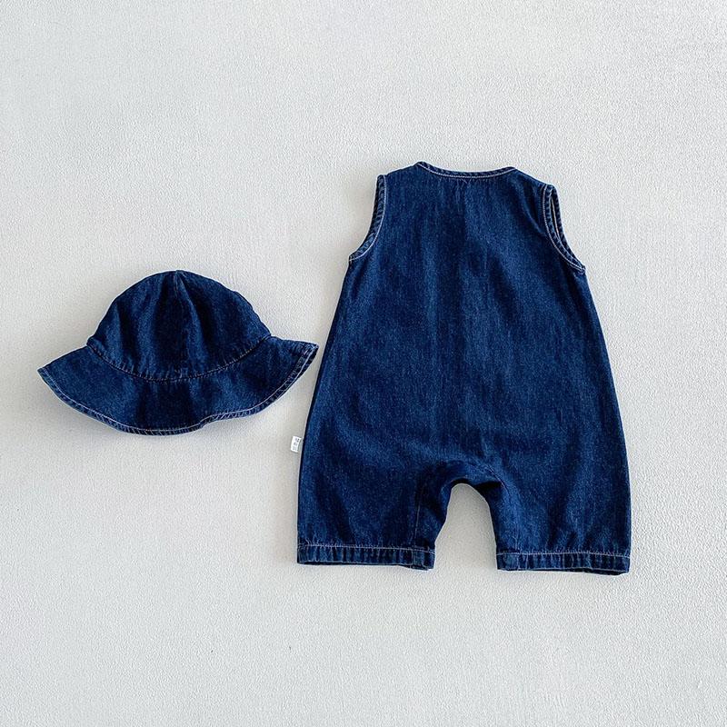 Baby Summer Rompers 3-24M Loose Boys Clothes Thin Toddler One Piece Solid Color Girls Denim Overalls + Hat